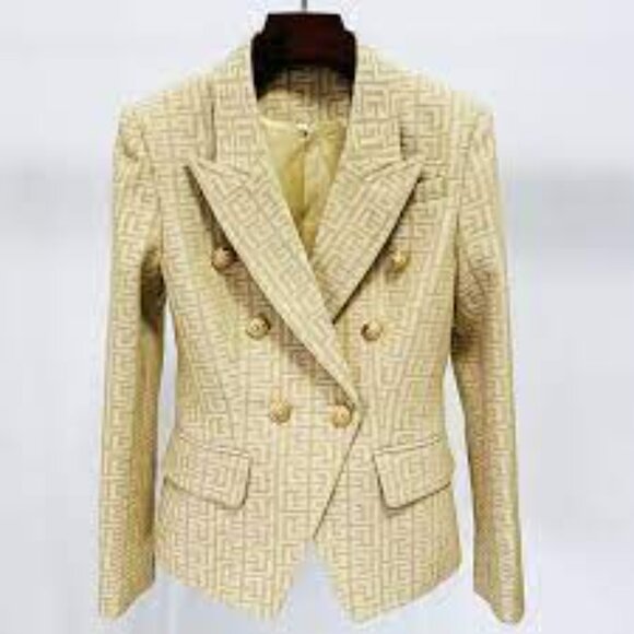 NEW! Khaki Jacquard Gold Button Geo Detail Blazer Jacket - Picture 7 of 8